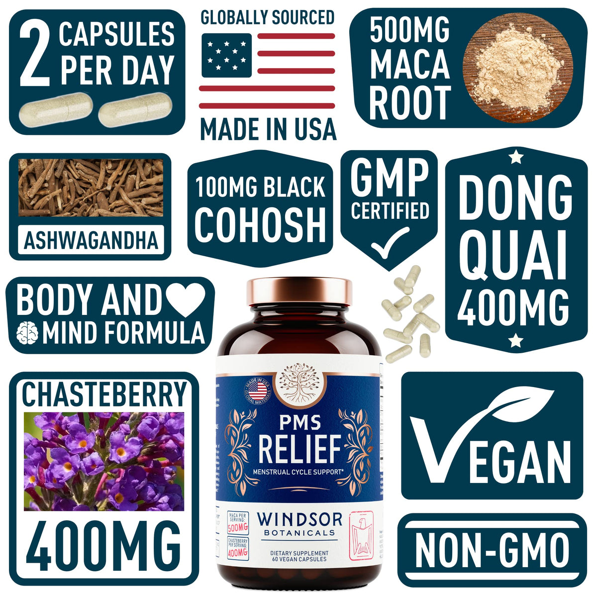 PMS Support Supplement for Women with Chasteberry, Maca Root, Ashwagandha - Period Relief, Bloating Relief for Women, Mood Support, Hormone Balance Herbal Supplements - 30 Day, 60 Vegan Capsules WINDSOR BOTANICALSBuy Supplements Australia