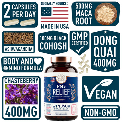 PMS Support Supplement for Women with Chasteberry, Maca Root, Ashwagandha - Period Relief, Bloating Relief for Women, Mood Support, Hormone Balance Herbal Supplements - 30 Day, 60 Vegan Capsules WINDSOR BOTANICALSBuy Supplements Australia