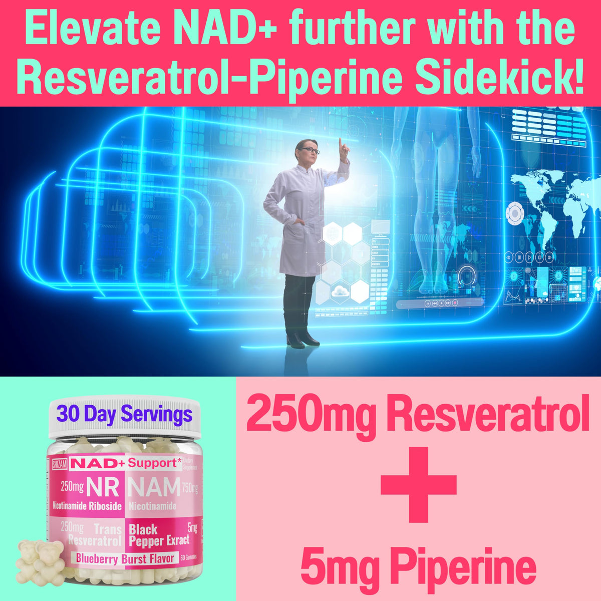 SHIZAM Nicotinamide Riboside NR NAM Resveratrol Gummies, 1000mg NAD+ NAD + Plus Nrf2 Activator Booster w Pure Niacinamide Vitamins B3 Capsules Pills Powder Supplements Alt NDA Regenerator 500mg SHIZAMBuy Supplements Australia