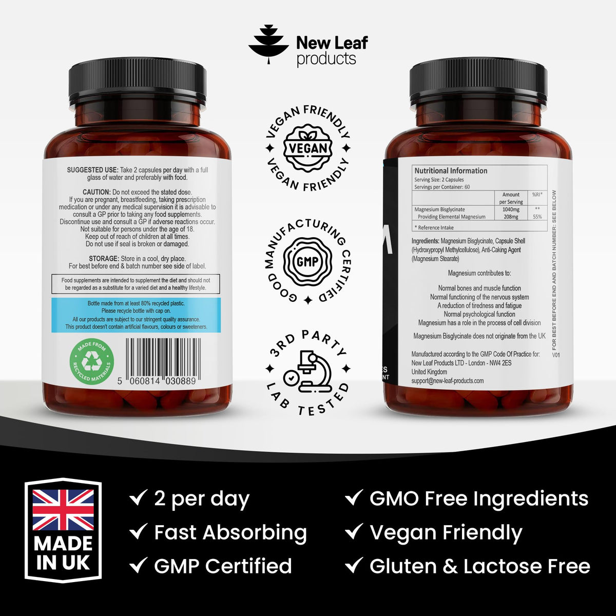 Magnesium Glycinate Supplements - 1040mg of Magnesium - 120 High Strength Capsules NEW LEAF PRODUCTSBuy Supplements Australia