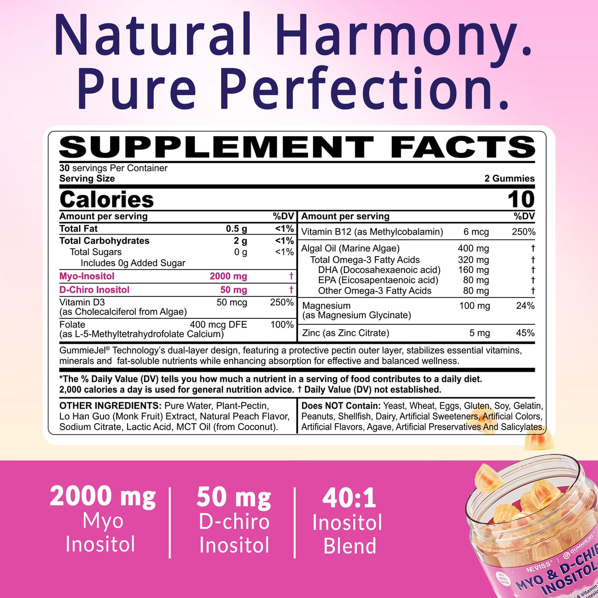 Myo-Inositol & D-Chiro Inositol, Hormone Balance for Women | Sugar Free Inositol Gummies w/Omega 3, MTHF Folate, Vitamin D3, B12, Magnesium & Zinc for Ovarian Health, Ideal 40:1 Ratio, Vegan, 60 Cts NEVISSBuy Supplements Australia