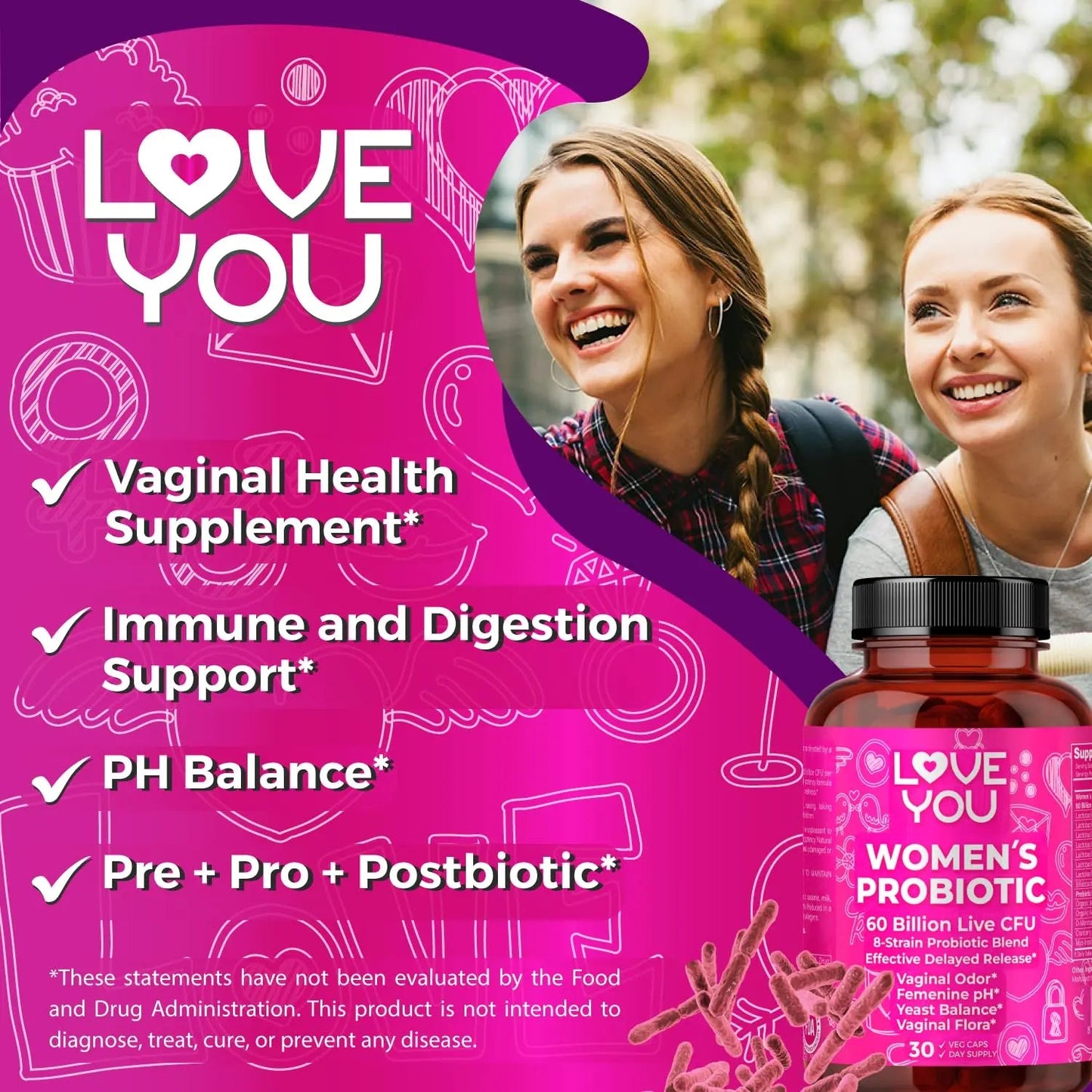 Love You Womens Probiotic, Ph Balance, Ut, Feminine, Vaginal Health Supplement, Digestive, Pre + Pro + Postbiotic, Delayed Release, 60 Billion Live CFU, 8-Strain Probiotic Blend, 30 Veg Caps Servings Love YouBuy Supplements Australia