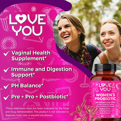 Love You Womens Probiotic, Ph Balance, Ut, Feminine, Vaginal Health Supplement, Digestive, Pre + Pro + Postbiotic, Delayed Release, 60 Billion Live CFU, 8-Strain Probiotic Blend, 30 Veg Caps Servings Love YouBuy Supplements Australia