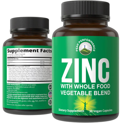 Vegan Zinc Supplement with Vitamin C + Whole Food Blend of 25 Vegetables and Fruits for Max Absorption. Zinc Supplements 30mg Capsules, Pills, Tablets, Vitamins for Adults Both Men and Women Peak PerformanceBuy Supplements Australia