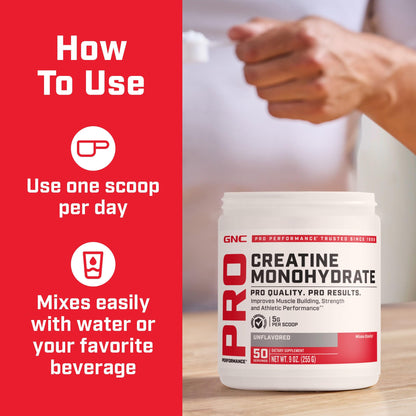 GNC Pro Performance Creatine Monohydrate Powder for Women & Men, 5g Creatine Per Serving, Muscle Building, Energy Production, Endurance, Performance, 50 Servings
