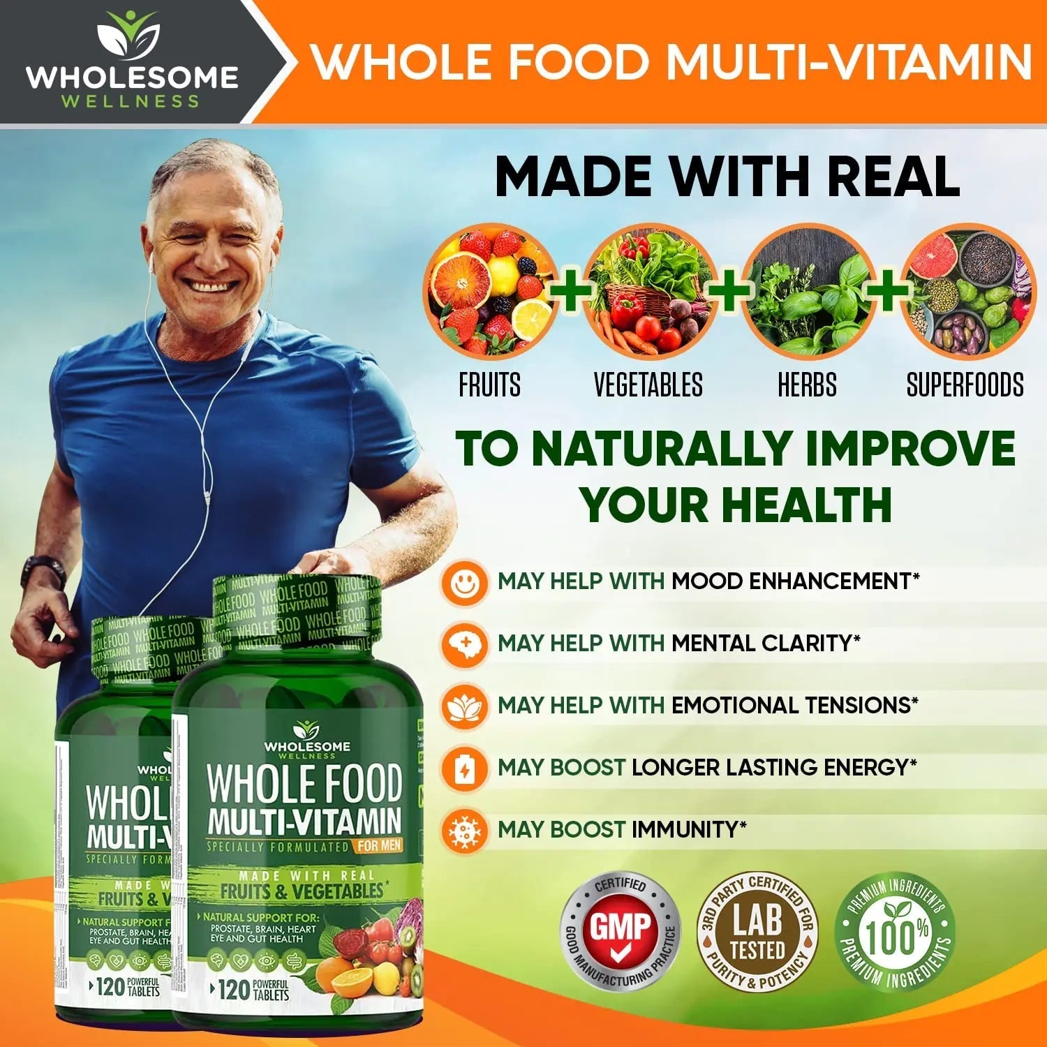 Wholesome Wellness Whole Food Multivitamin for Men - Natural Multi Vitamins, Minerals, Organic Extracts - Vegan Vegetarian - 120 Tablets Wholesome Wellness
