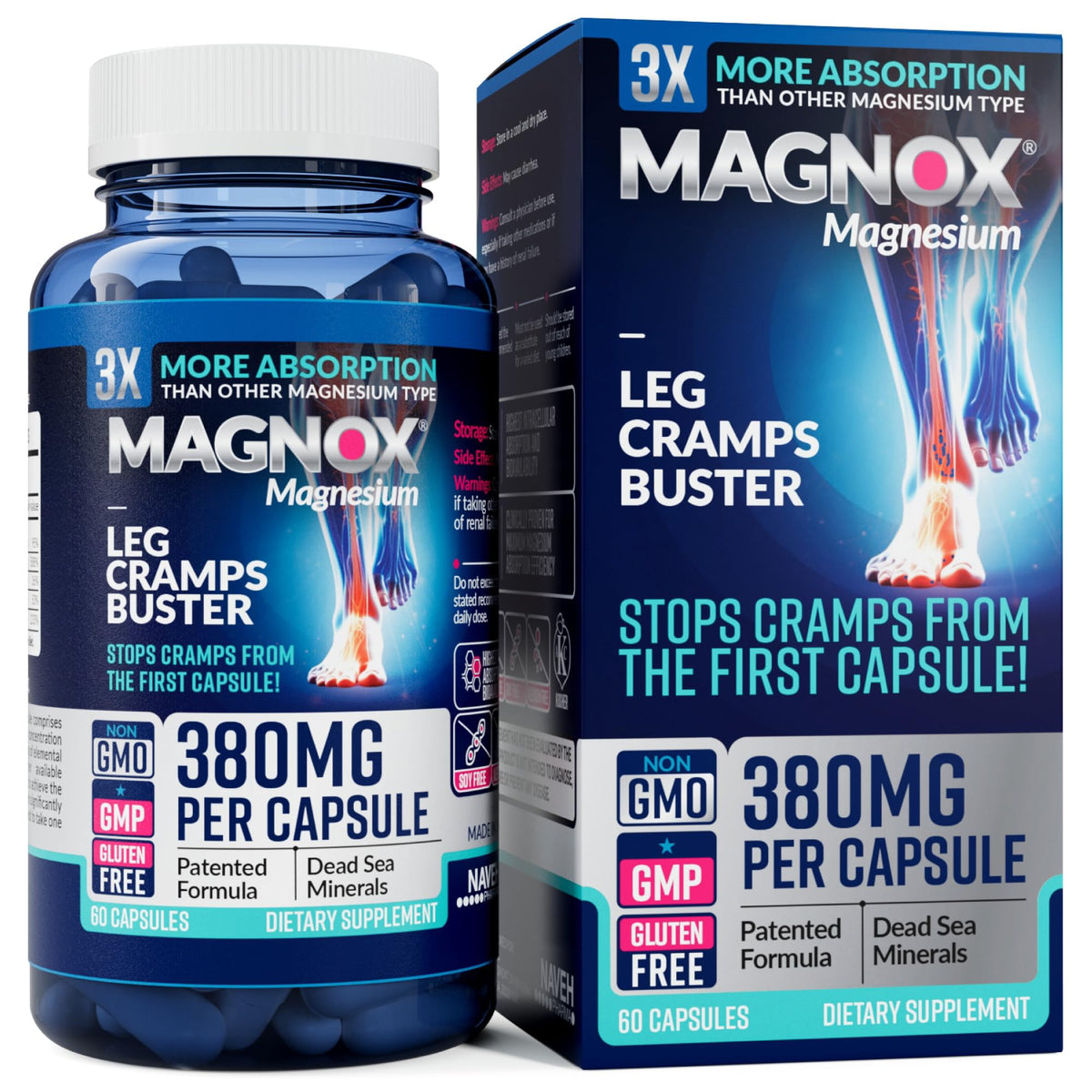 MAGNOX® Buster | Patented Clinically Tested 380mg Magnesium Supplement for Spasms & Leg Cramps at Night | One Capsule a Day for Almost Full Dosage | 3X More Absorption | Dead Sea Minerals (60 Caps) MAGNOXBuy Supplements Australia
