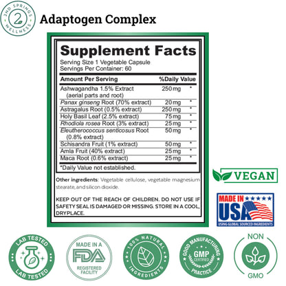 2nd Springs Adaptogen Complex Calmness, Energy and Vitality Booster - Ashwagandha, Schisandra, Astragalus, Ginseng, Rhodiola, and More - Adrenal Support Supplements - 60 Ct 2nd SpringsBuy Supplements Australia