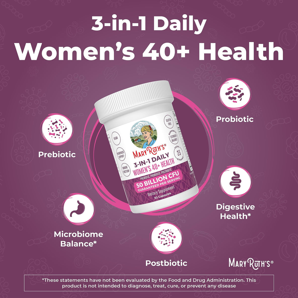 MaryRuth's 3-in-1 Daily Health 40+ Probiotics for Women | Hormonal & Menopause Support Supplement for Women | Gut Health Capsules | 50 Billion CFU | Allergen Free | 30 Ct MARYRUTH'SBuy Supplements Australia
