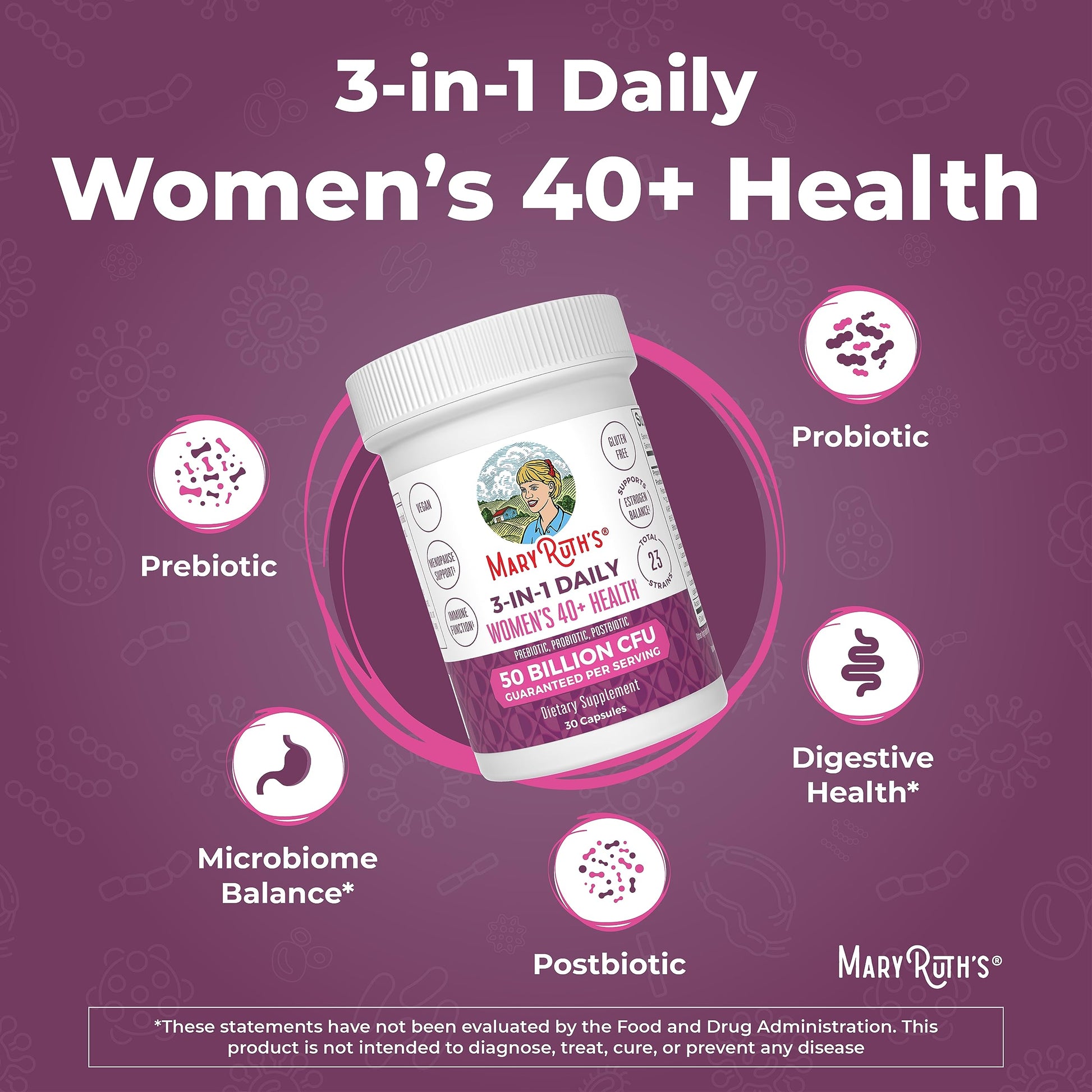 MaryRuth's 3-in-1 Daily Health 40+ Probiotics for Women | Hormonal & Menopause Support Supplement for Women | Gut Health Capsules | 50 Billion CFU | Allergen Free | 30 Ct MARYRUTH'SBuy Supplements Australia