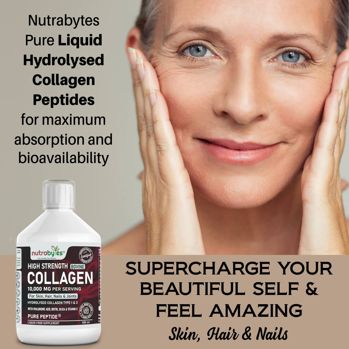 Collagen Liquid 10000mg, Hydrolysed Peptides | Hyaluronic Acid, Biotin, Silica, Vitamin C, Vitamin B12 NUTRABYTESBuy Supplements Australia