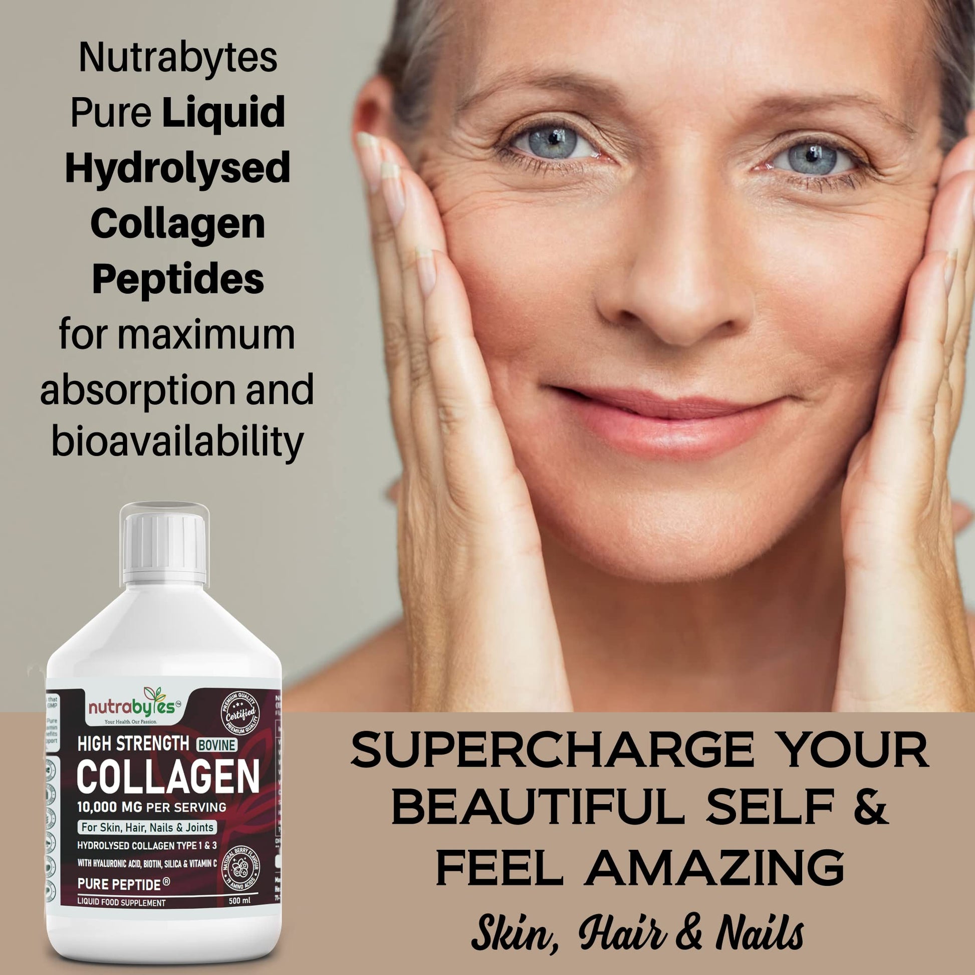 Collagen Liquid 10000mg, Hydrolysed Peptides | Hyaluronic Acid, Biotin, Silica, Vitamin C, Vitamin B12 NUTRABYTESBuy Supplements Australia
