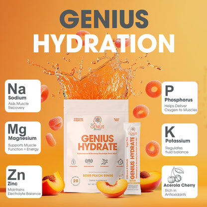 The Genius Brand Genius Hydrate - Electrolyte Supplement for Daily Hydration - Coconut Water - Sugar-Free - 8 Essential Minerals & Nutrients - Non-GMO - Sour Peach Rings - 20 Servings The Genius BrandBuy Supplements Australia