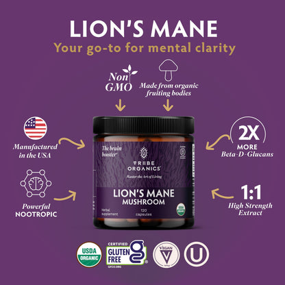 TRIBE ORGANICS Lion’s Mane Supplement 1000mg Mushroom Extract Powder - Immune System Booster & Brain Nootropic for Focus and Memory | Mental Clarity | Natural Energy and Immunity - 120 Vegan Capsules TRIBE ORGANICSBuy Supplements Australia