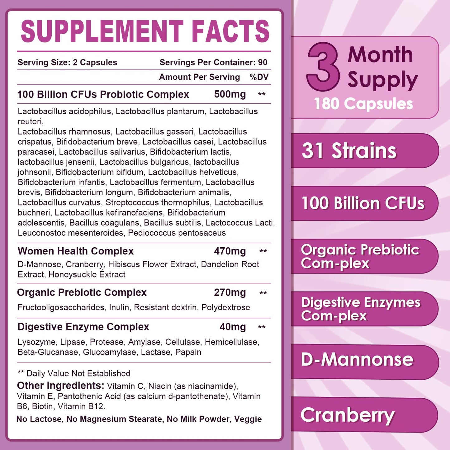 NATURE TARGET Probiotics for Women, 100 Billion CFUs Probiotic with Digestive Enzymes & Prebiotics, Vaginal Probiotics with Cranberry for Urinary Tract Health,