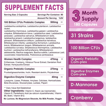 NATURE TARGET Probiotics for Women, 100 Billion CFUs Probiotic with Digestive Enzymes & Prebiotics, Vaginal Probiotics with Cranberry for Urinary Tract Health,