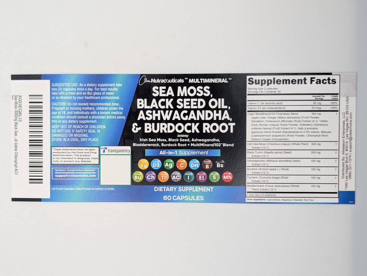 Sea Moss Black Seed Oil Ashwagandha Turmeric Bladderwrack Burdock & Vitamin C Vitamin D3 with Elderberry Manuka Dandelion Yellow Dock Iodine Chlorophyll ACV - 5Pack Clean Nutraceuticals buy supplements Au