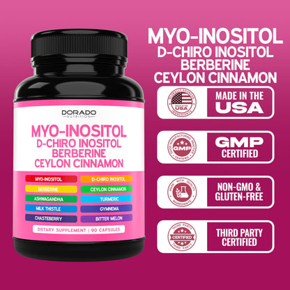 Myo-Inositol & D-Chiro Inositol Supplement For Women (90 Capsules, 40:1 Ratio Myo Inositol) Hormone Balance for Women - 10 in 1 Formula - Third Party Tested, Vegan Safe & USA Made - (90 Count) DORADO NUTRITIONBuy Supplements Australia