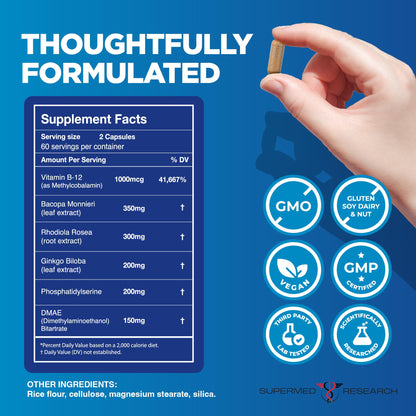 Supermed Research Mental Clarity & Focus Supplement with Bacopa, Rhodiola, Ginkgo Biloba, Huperzine, Vitamin B12, DMAE – Vegan Nootropic Brain Supplement for Memory and Brain Health (120 Capsules) Supermed ResearchBuy Supplements Australia