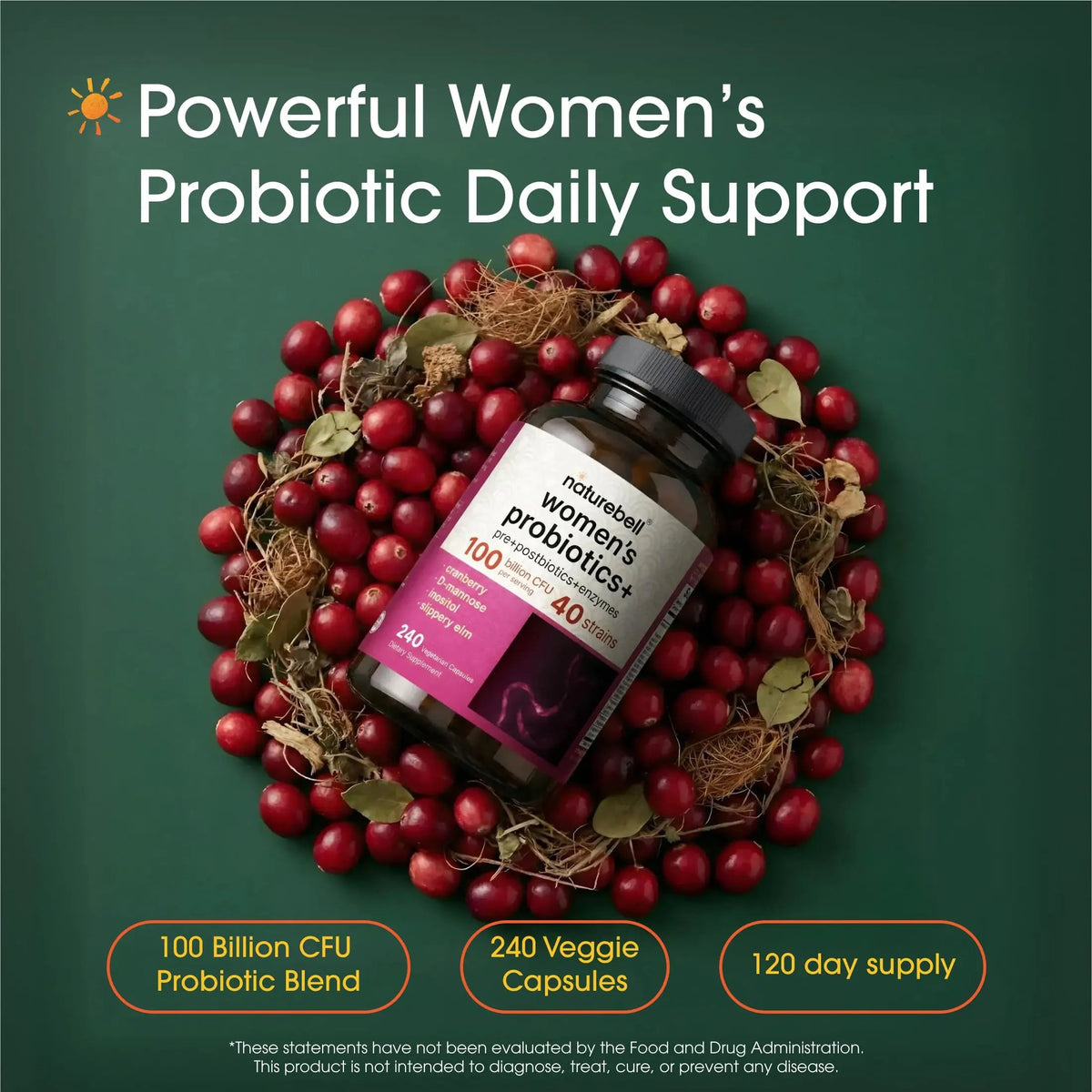 NatureBell Women's Probiotics+ - 240 Vegetarian Capsules - Prebiotic, Probiotic, Postbiotic & Digestive Enzymes - Made with Cranberry, D-Mannose, Inositol & More NatureBellBuy Supplements Australia