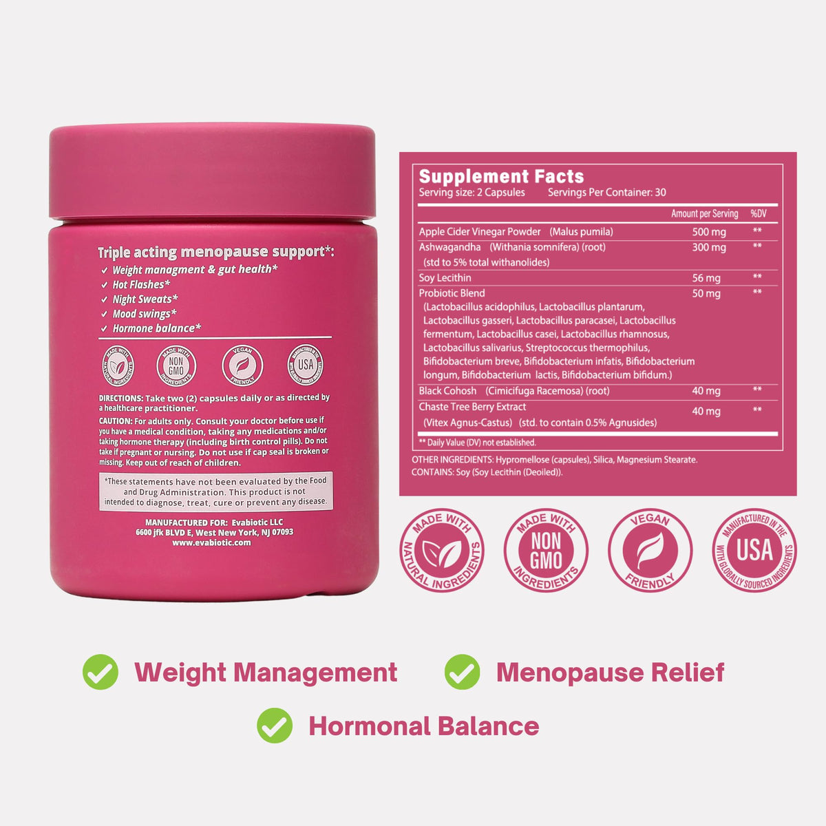 Complete Menopause Vitamins - Ashwaghanda, Probiotics, ACV for Weight Management, Hot Flashes, Night Sweats, Bloat, Hormone Balance - Vegan 60 Caps Menopause Supplements for Women Non-GMO EVABIOTICBuy Supplements Australia