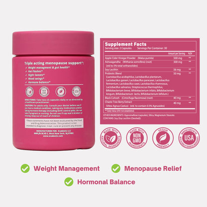Complete Menopause Vitamins - Ashwaghanda, Probiotics, ACV for Weight Management, Hot Flashes, Night Sweats, Bloat, Hormone Balance - Vegan 60 Caps Menopause Supplements for Women Non-GMO EVABIOTICBuy Supplements Australia