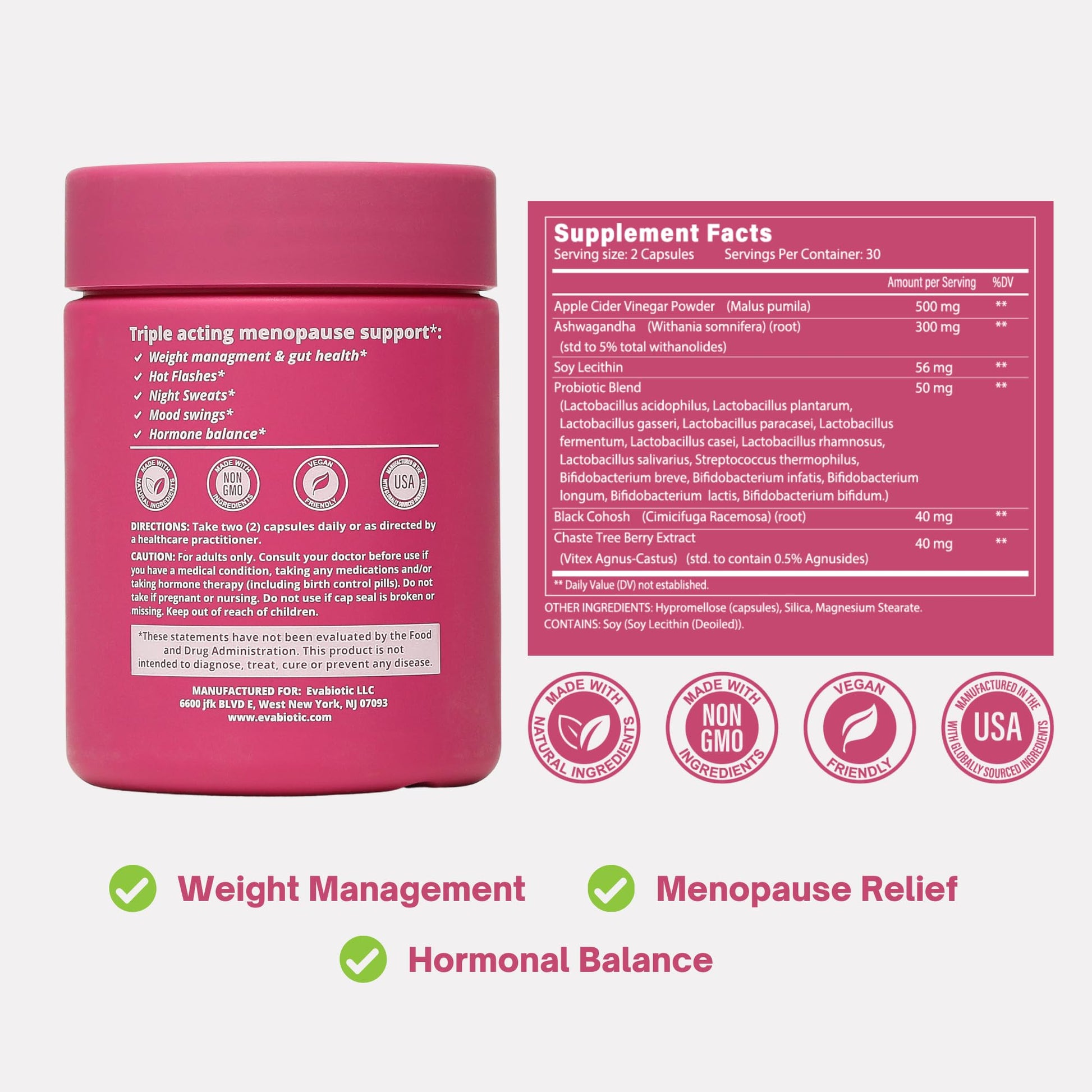 Complete Menopause Vitamins - Ashwaghanda, Probiotics, ACV for Weight Management, Hot Flashes, Night Sweats, Bloat, Hormone Balance - Vegan 60 Caps Menopause Supplements for Women Non-GMO EVABIOTICBuy Supplements Australia