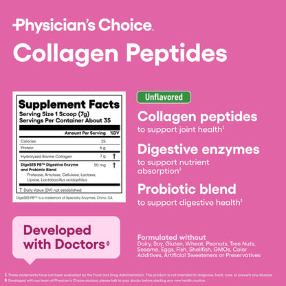 Physician's CHOICE Collagen Peptides - Hydrolyzed Protein Powder for Hair, Skin, Joints - Grass Fed, Non-GMO