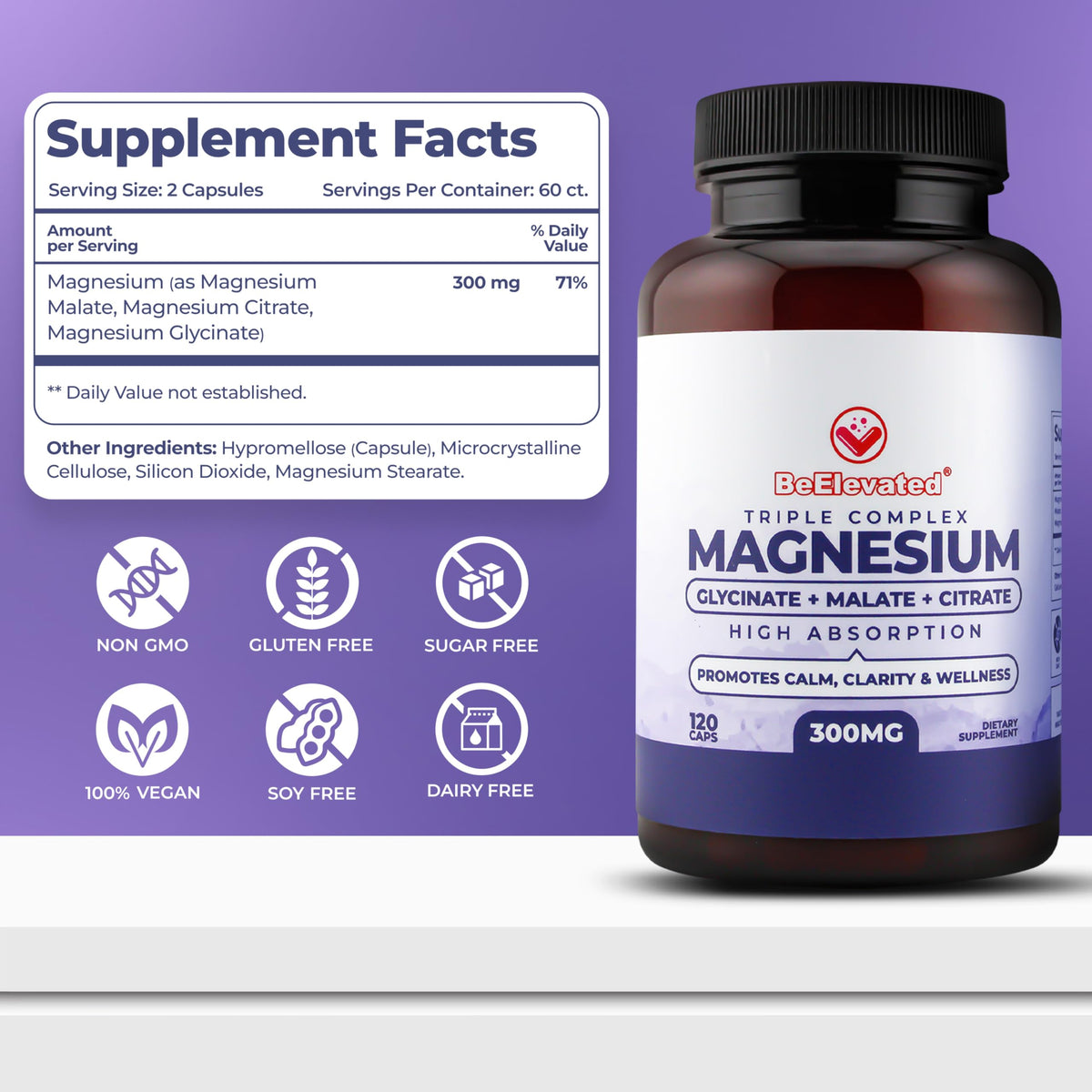 BeElevated High Absorption Triple Magnesium Complex for Sleep, Relaxation & Muscle Support – 300mg of Magnesium Glycinate, Citrate & Malate