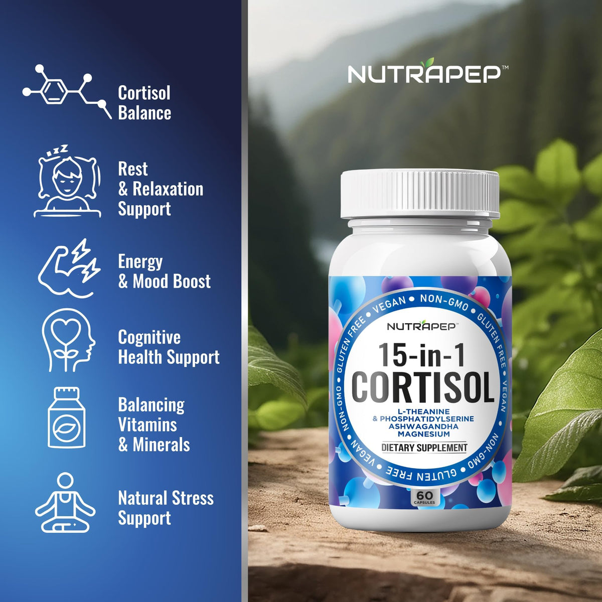 NutraPep Cortisol Detox Supplement Men Women - Reduce Lower Cortisol High Cortisol Reducer Blocker Control - Supports Stress Mood Rest Adrenal Calm Relax with Ashwagandha L-Theanine Magnesium NutraPepBuy Supplements Australia