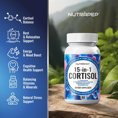 NutraPep Cortisol Detox Supplement Men Women - Reduce Lower Cortisol High Cortisol Reducer Blocker Control - Supports Stress Mood Rest Adrenal Calm Relax with Ashwagandha L-Theanine Magnesium NutraPepBuy Supplements Australia