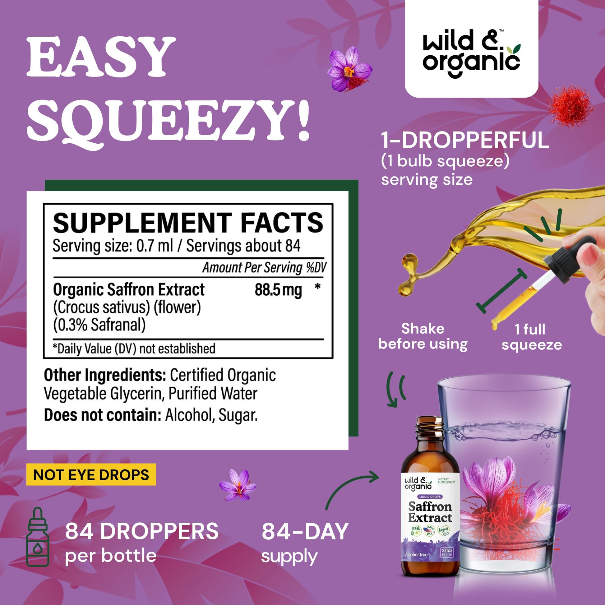 Wild & Organic Saffron Supplements 88.5 mg - Mood, Brain & Vision Support - Liquid Saffron Drops - Add to Tea - Crocus Sativus Herb Extract - Vegan, Sugar & Alcohol-Free Tincture - 2 fl oz Wild & Organic buy supplements Au