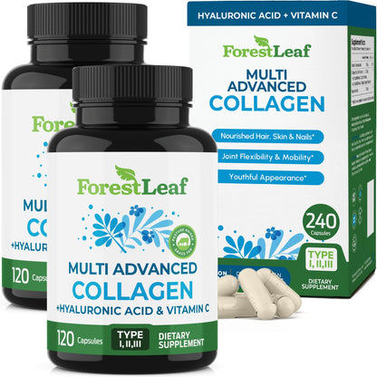 ForestLeaf Multi Collagen Pills with Hyaluronic Acid + Vitamin C | Hydrolyzed Collagen Supplements for Women or Men | Multi Collagen Capsules Peptides for Skin, Wrinkles, 240 ForestLeaf buy supplements Au