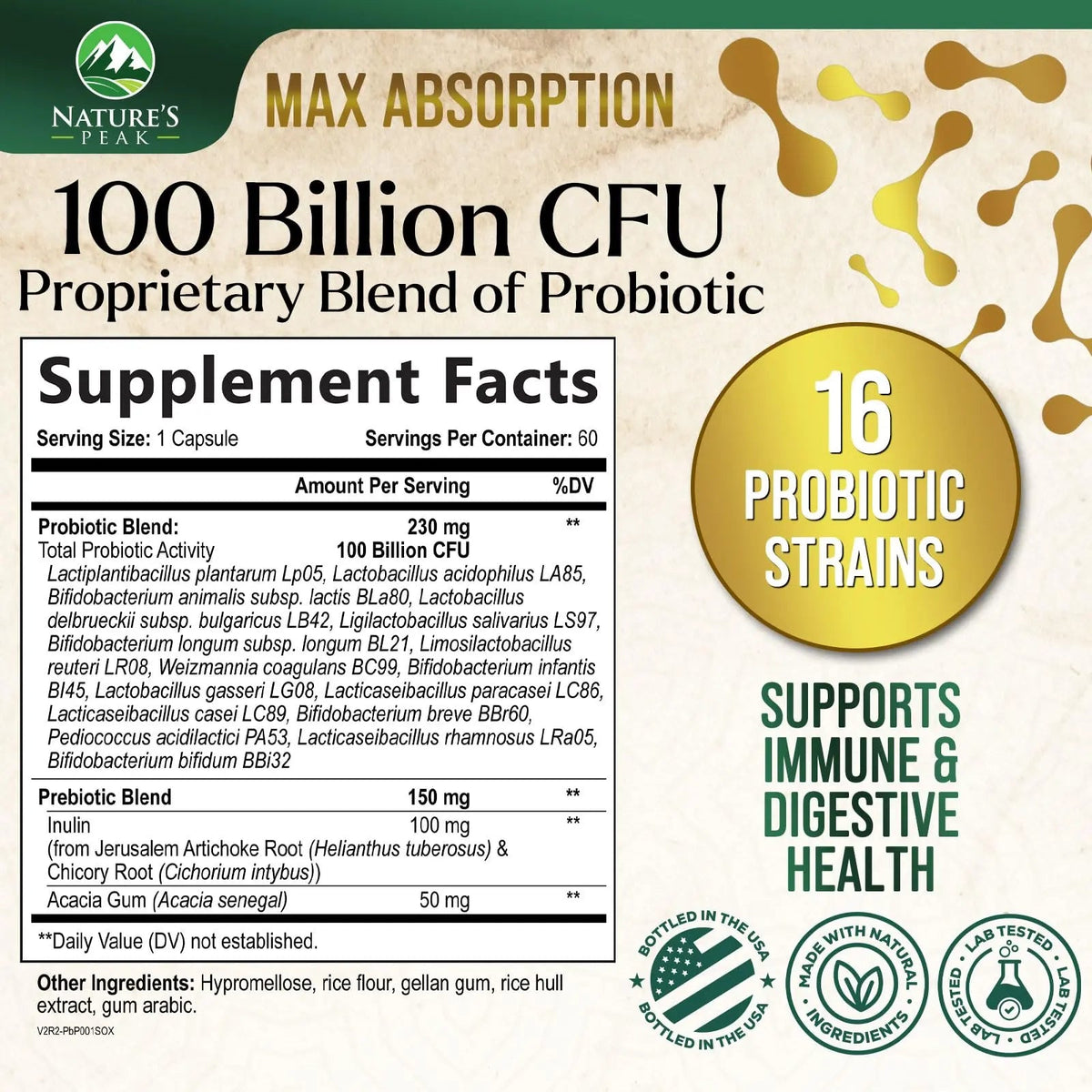 Probiotics 100 Billion CFU Per Serving - 16 Premium Probiotic Strains Prebiotics - Immune Support, Gut Health, Occasional Constipation, Gas & Bloating, Probiotics Supplement, USA Bottled, 60 Capsules Nature's PeakBuy Supplements Australia
