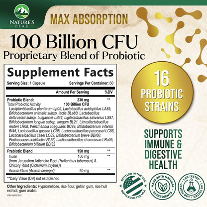 Probiotics 100 Billion CFU Per Serving - 16 Premium Probiotic Strains Prebiotics - Immune Support, Gut Health, Occasional Constipation, Gas & Bloating, Probiotics Supplement, USA Bottled, 60 Capsules Nature's PeakBuy Supplements Australia