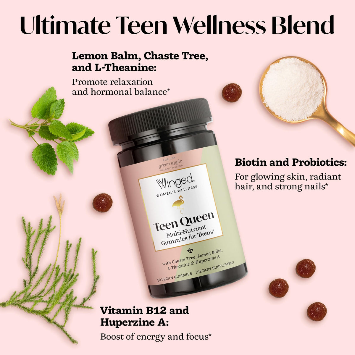 Winged Wellness Multivitamin Gummies for Teen Girls - Teen Vitamins for Mood & Hormonal Health - Vegan Gummy Supplement with Chaste Tree, Lemon Balm, L-Theanine, Probiotics & Biotin - 50 Gummies Winged WellnessBuy Supplements Australia