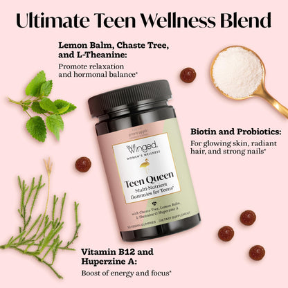 Winged Wellness Multivitamin Gummies for Teen Girls - Teen Vitamins for Mood & Hormonal Health - Vegan Gummy Supplement with Chaste Tree, Lemon Balm, L-Theanine, Probiotics & Biotin - 50 Gummies Winged WellnessBuy Supplements Australia
