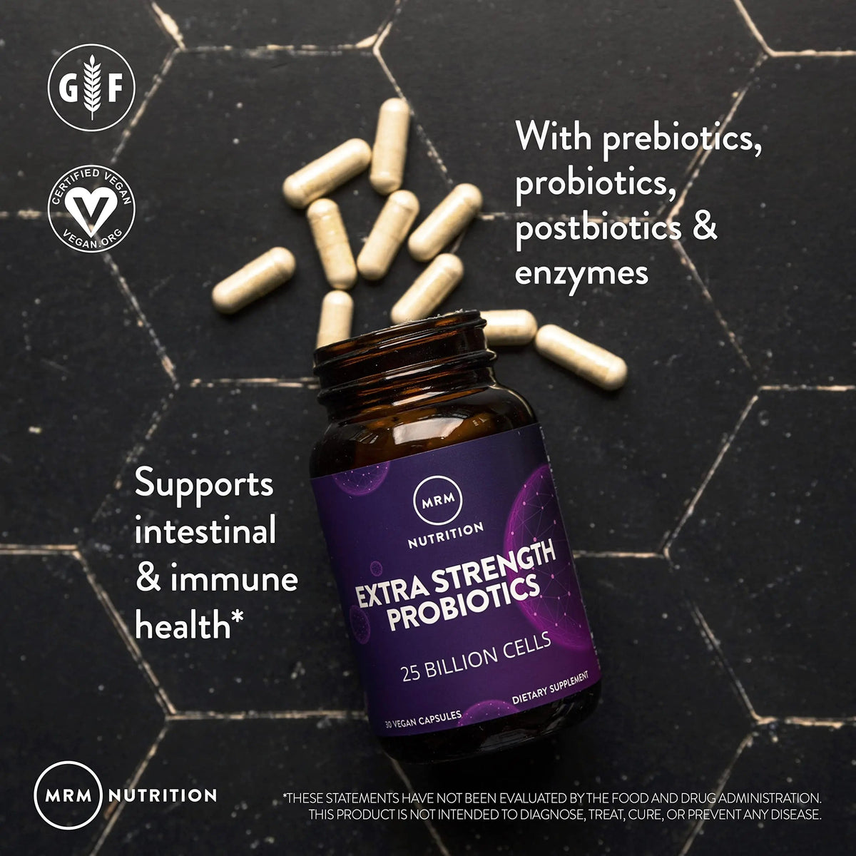 MRM Nutrition Extra Strength Probiotics - Supports Intestinal, GI, & Immune Health for Women & Men, Prebiotic, Probiotic, & Postbiotic Supplement, 25 Billion Cells & 16 Strains, Vegan - 30 Servings MRMBuy Supplements Australia