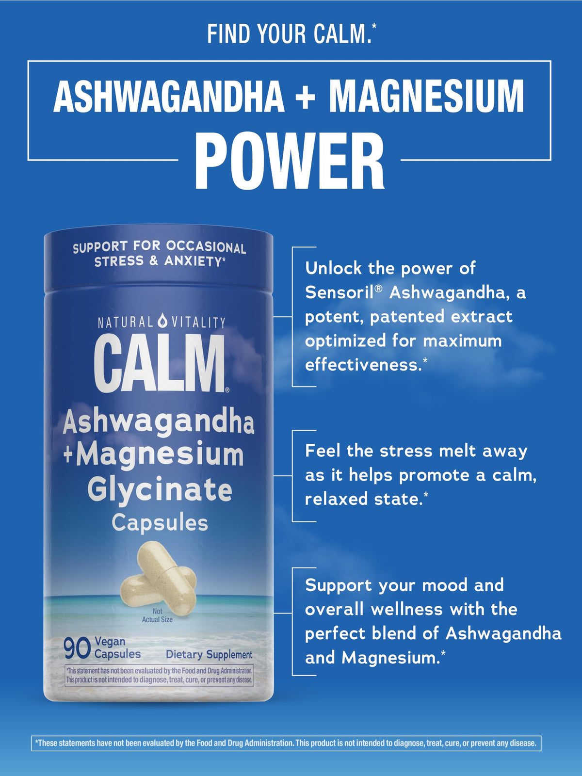 Natural Vitality Calm Ashwagandha + Magnesium Glycinate Capsules | Support for Occasional Stress & Anxiety | Gluten Free Supplement | 90 Count Natural VitalityBuy Supplements Australia
