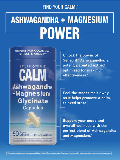 Natural Vitality Calm Ashwagandha + Magnesium Glycinate Capsules | Support for Occasional Stress & Anxiety | Gluten Free Supplement | 90 Count Natural VitalityBuy Supplements Australia