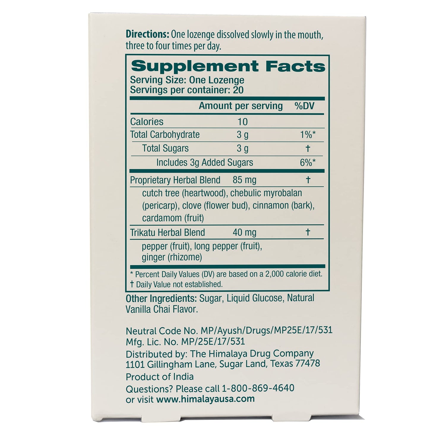 Himalaya Koflet Lozenges, Vanilla Chai Flavor, Natural Herbal Cough Drop for Warming Relief and Soothing Comfort, 130 mg, 20 Lozenge Himalaya buy supplements Au
