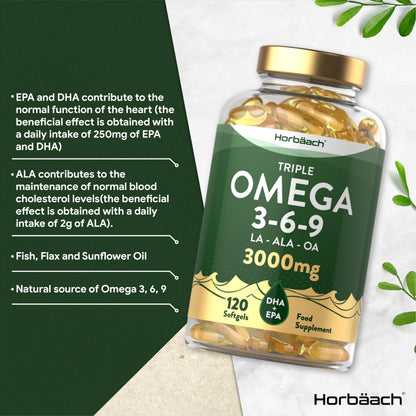 Omega 3 6 9 Capsules High Strength | 3000mg | 120 Softgels | Triple Omega 369 HorbäachBuy Supplements Australia