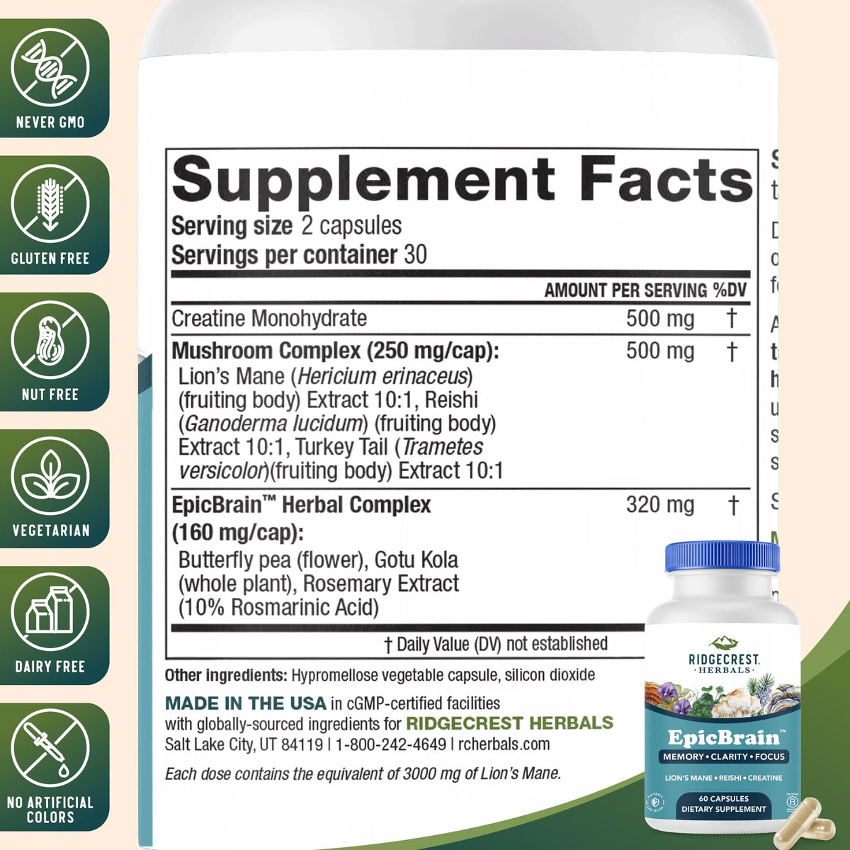 RidgeCrest Herbals EpicBrain, Natural Brain Support Supplement with Creatine Monohydrate, Lion's Mane, Reishi, Supports Mental Clarity, Memory, Focus, Stimulant-Free Nootropic (60 Count, 30 Servings) RidgeCrest HerbalsBuy Supplements Australia