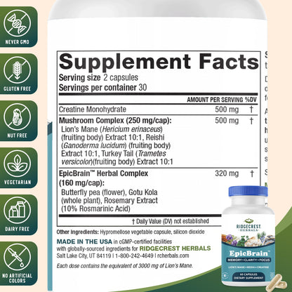 RidgeCrest Herbals EpicBrain, Natural Brain Support Supplement with Creatine Monohydrate, Lion's Mane, Reishi, Supports Mental Clarity, Memory, Focus, Stimulant-Free Nootropic (60 Count, 30 Servings) RidgeCrest HerbalsBuy Supplements Australia
