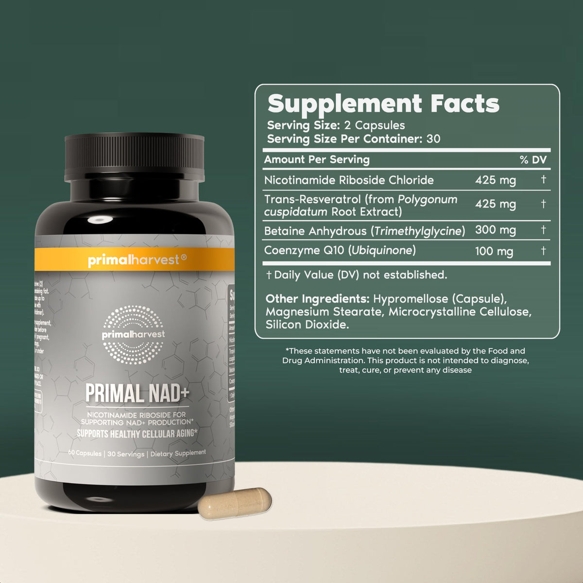Primal Harvest NAD+ Supplement: Nicotinamide Riboside, Trans-Resveratrol, Betaine, CoQ10, NAD Supplements for Cellular Health, Energy, and Mitochondrial Support (60 Count (1 Pack) Primal HarvestBuy Supplements Australia