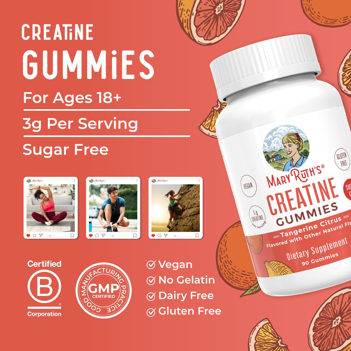 MaryRuth's Creatine Gummies | Creatine Monohydrate Gummies | 3g Creatine Per Serving | Creatine for Women & Men | Tangerine Citrus Flavor | Exercise | Workout | Sugar Free | Vegan | 90 Count MARYRUTH'SBuy Supplements Australia