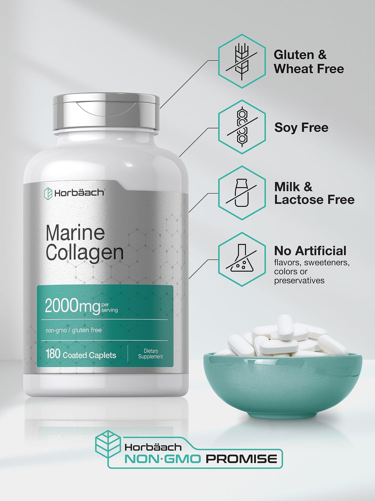 Horbäach Marine Collagen Peptides 2000mg | 180 Caplet Capsules | Type 1 with Calcium | Non-GMO, Gluten Free Supplement Horbäach buy supplements Au