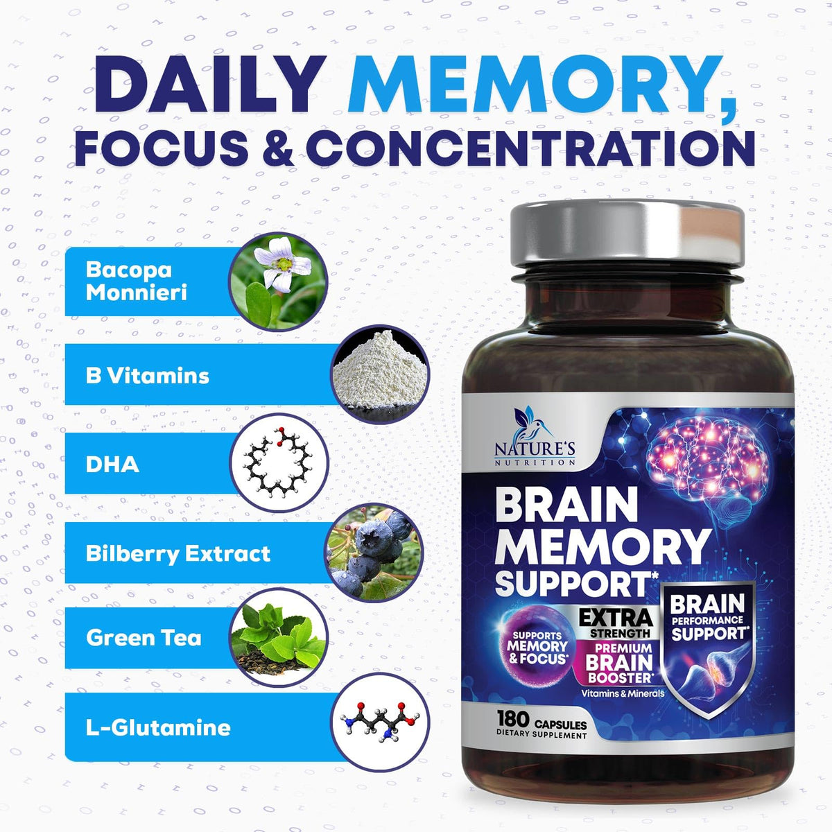 Brain Memory Supplement Pills - 3X Strength Nootropics for Concentration, Clarity & Focus Support - Brain Health Cognitive Vitamins with Bacopa, Phosphatidylserine & DMAE, Brain Booster - 180 Capsules Nature's NutritionBuy Supplements Australia