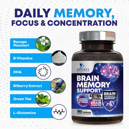Brain Memory Supplement Pills - 3X Strength Nootropics for Concentration, Clarity & Focus Support - Brain Health Cognitive Vitamins with Bacopa, Phosphatidylserine & DMAE, Brain Booster - 180 Capsules Nature's NutritionBuy Supplements Australia