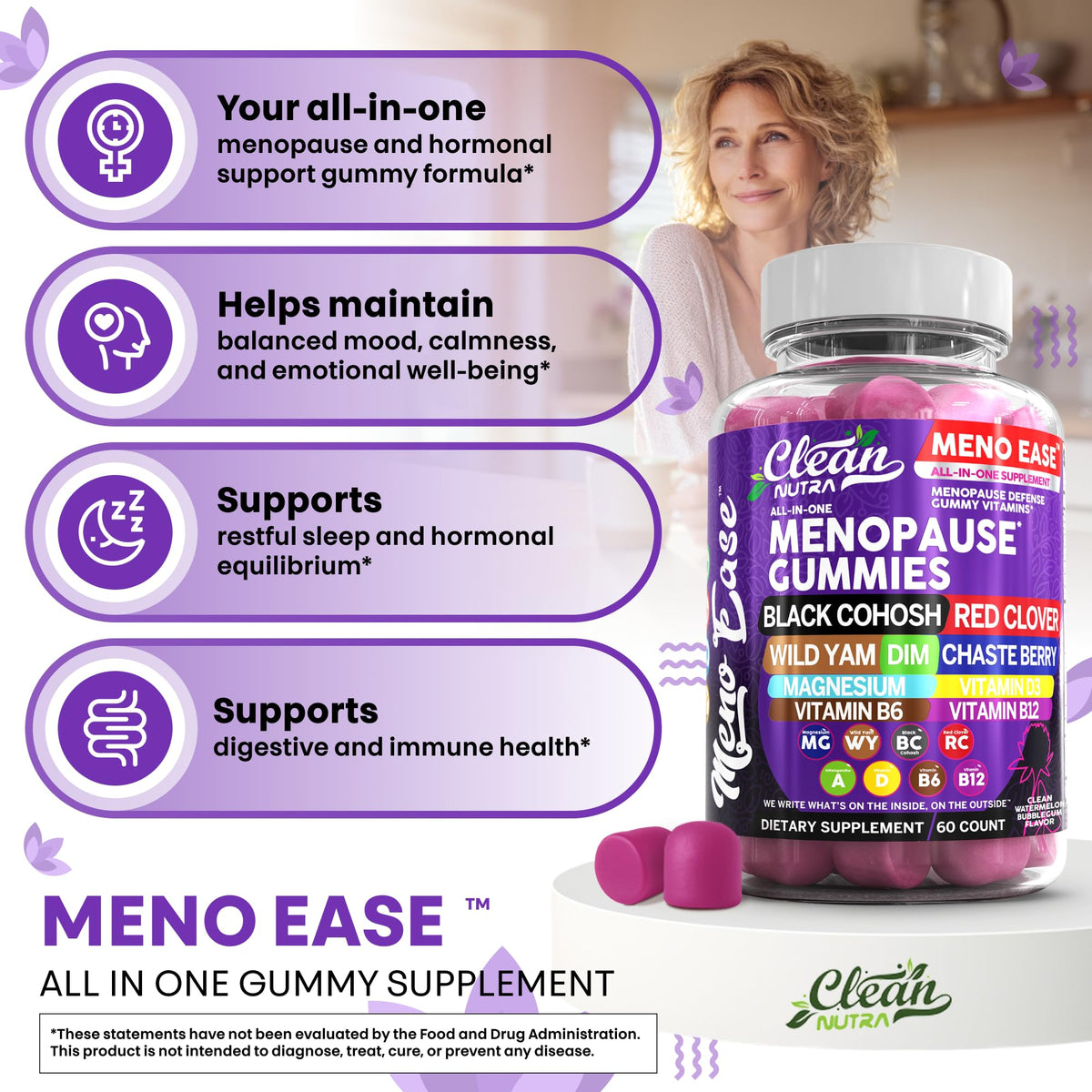 Menopause Supplement for Women Gummies with Black Cohosh, Wild Yam, DIM, Magnesium, Red Clover Chasteberry for Hormone Balance Relief Night Sweats Mood Plus Bergamot, Vitamin D3, Vitamin B6 B12 Clean NutraceuticalsBuy Supplements Australia